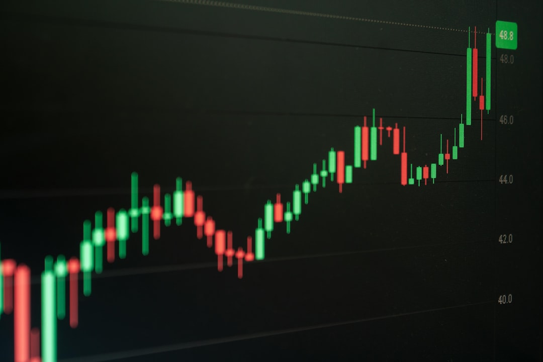 Green and red candlestick price chart trending upward