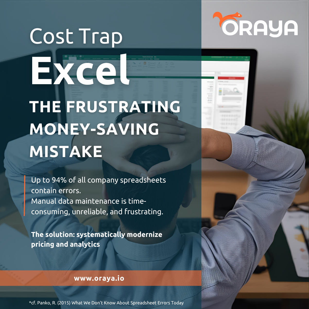 Frustrierter Mann vor einem Computer mit Excel-Tabelle; Text-Overlay: Cost Trap Excel — bis zu 94 % aller Unternehmens-Tabellenkalkulationen enthalten Fehler